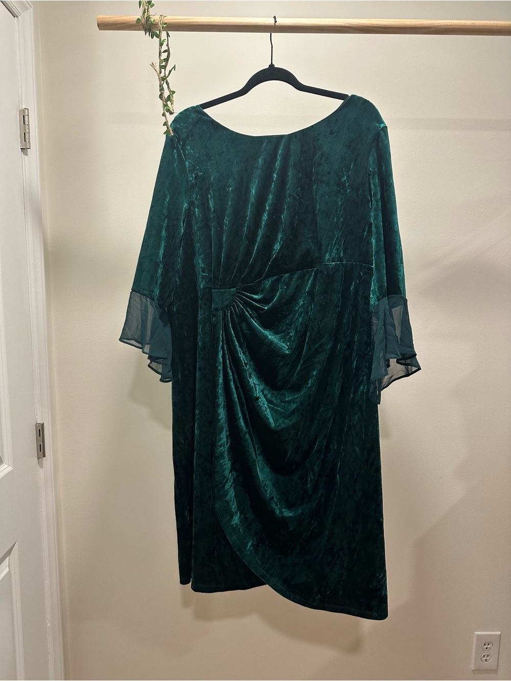 connected apparel Emerald Green Velvet Midi Dress with Sheer Sleeves